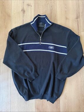 Bogner Men's Black Zip-Up Sweater with Navy Stripe Vintage Made in Italy Wool